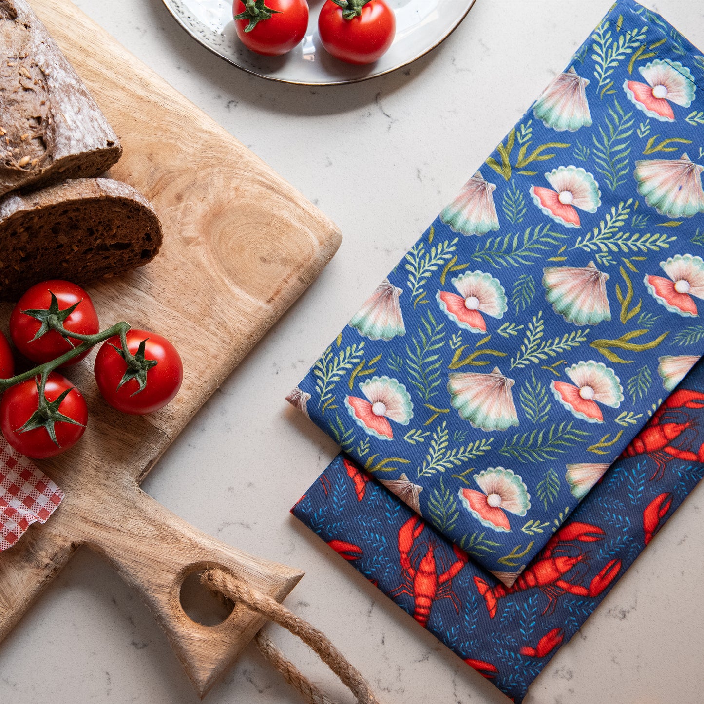 Lobsters & Oyster Shells Floral Organic Cotton Tea Towels