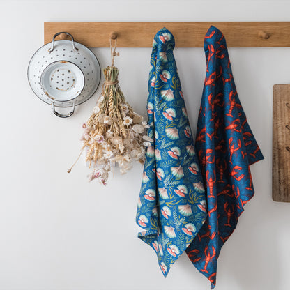 Lobsters & Oyster Shells Floral Organic Cotton Tea Towels