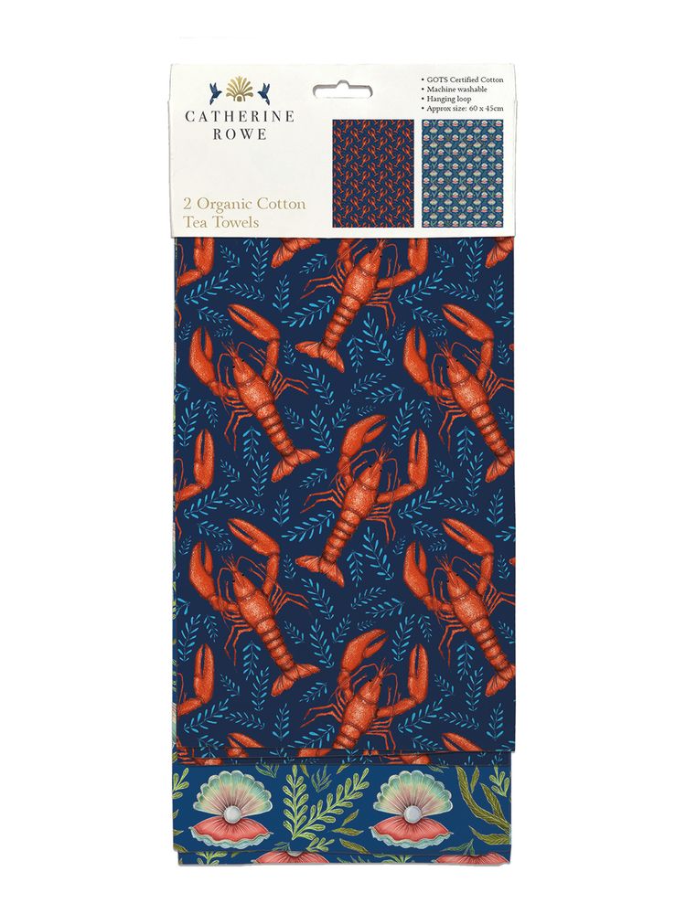 Lobsters & Oyster Shells Floral Organic Cotton Tea Towels